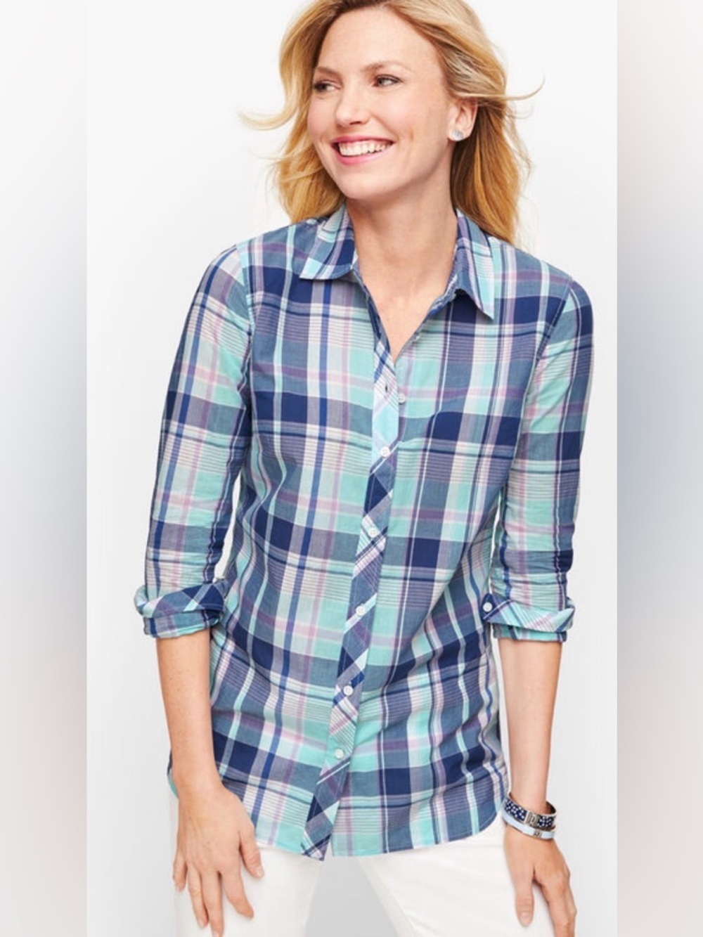 Talbots Classic Cotton Shirt L | Blue Green Picnic Plaid Button Down Preppy Top